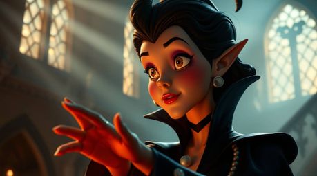 A classic Disney villain with delicate features and rosy cheeks casts a spell in an old castle, surrounded by a soft, dreamy