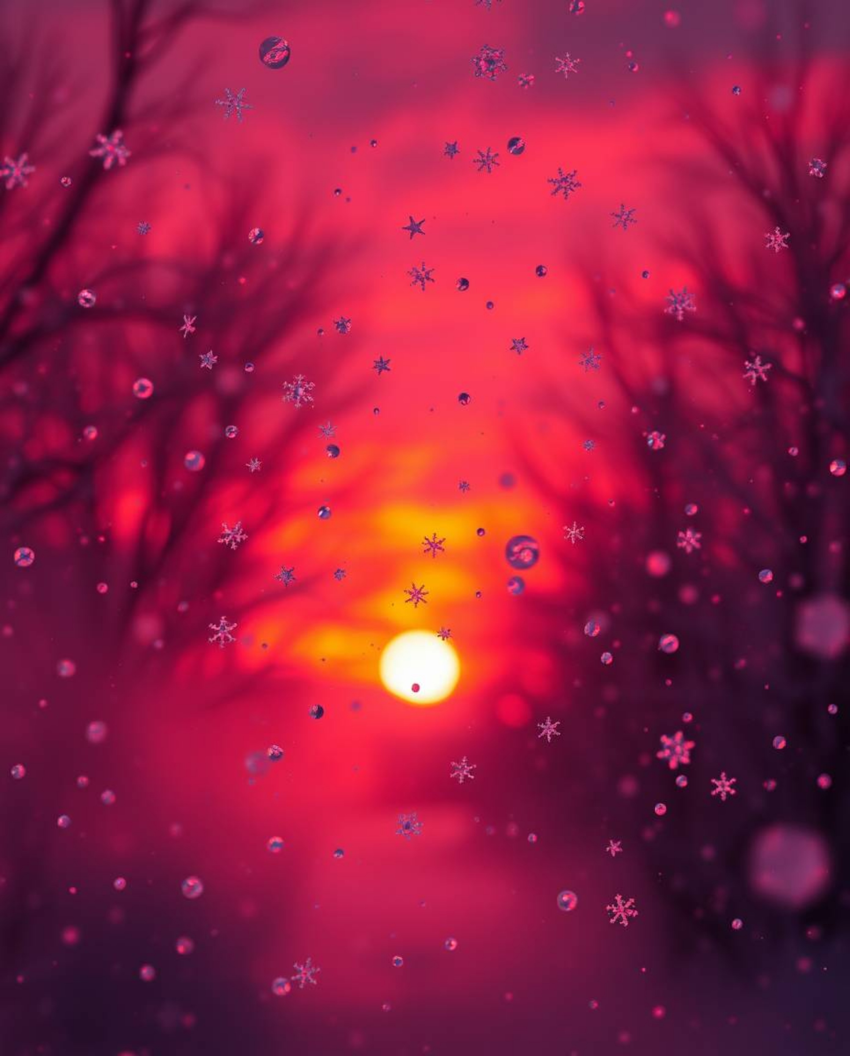 A surreal infrared photograph captures the unique beauty of snowflakes falling during a vibrant sunset. This image is defined