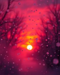 A surreal infrared photograph captures the unique beauty of snowflakes falling during a vibrant sunset. This image is defined