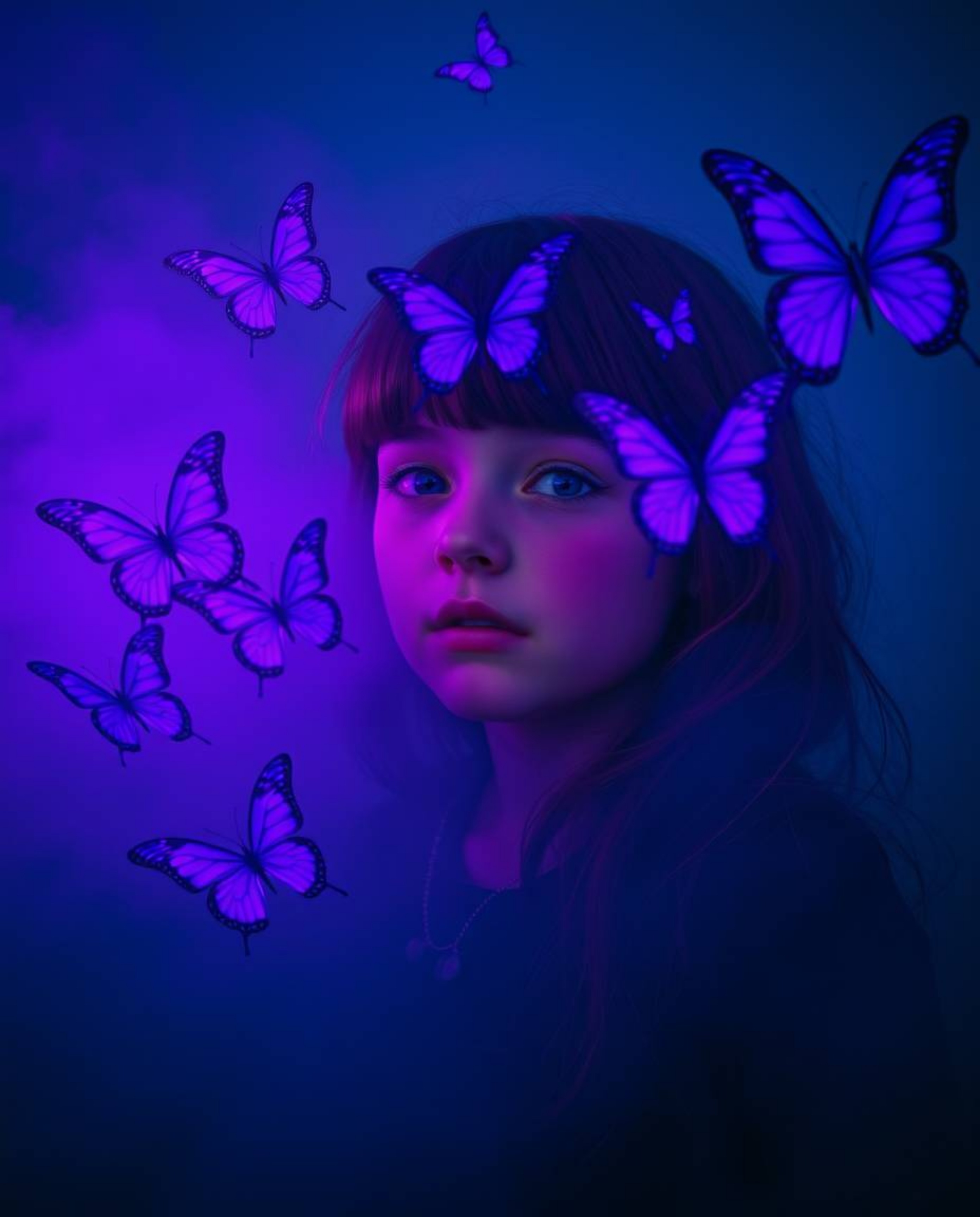 A captivating scene unfolds as a girl with rosy cheeks and auburn hair releases vibrant purple butterflies into a thick fog. 