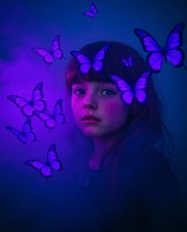 A captivating scene unfolds as a girl with rosy cheeks and auburn hair releases vibrant purple butterflies into a thick fog. 