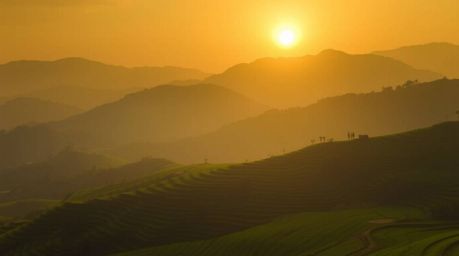 Experience the serene beauty of a sunset casting soft, diffused light over lush green rice terraces nestled in majestic mount