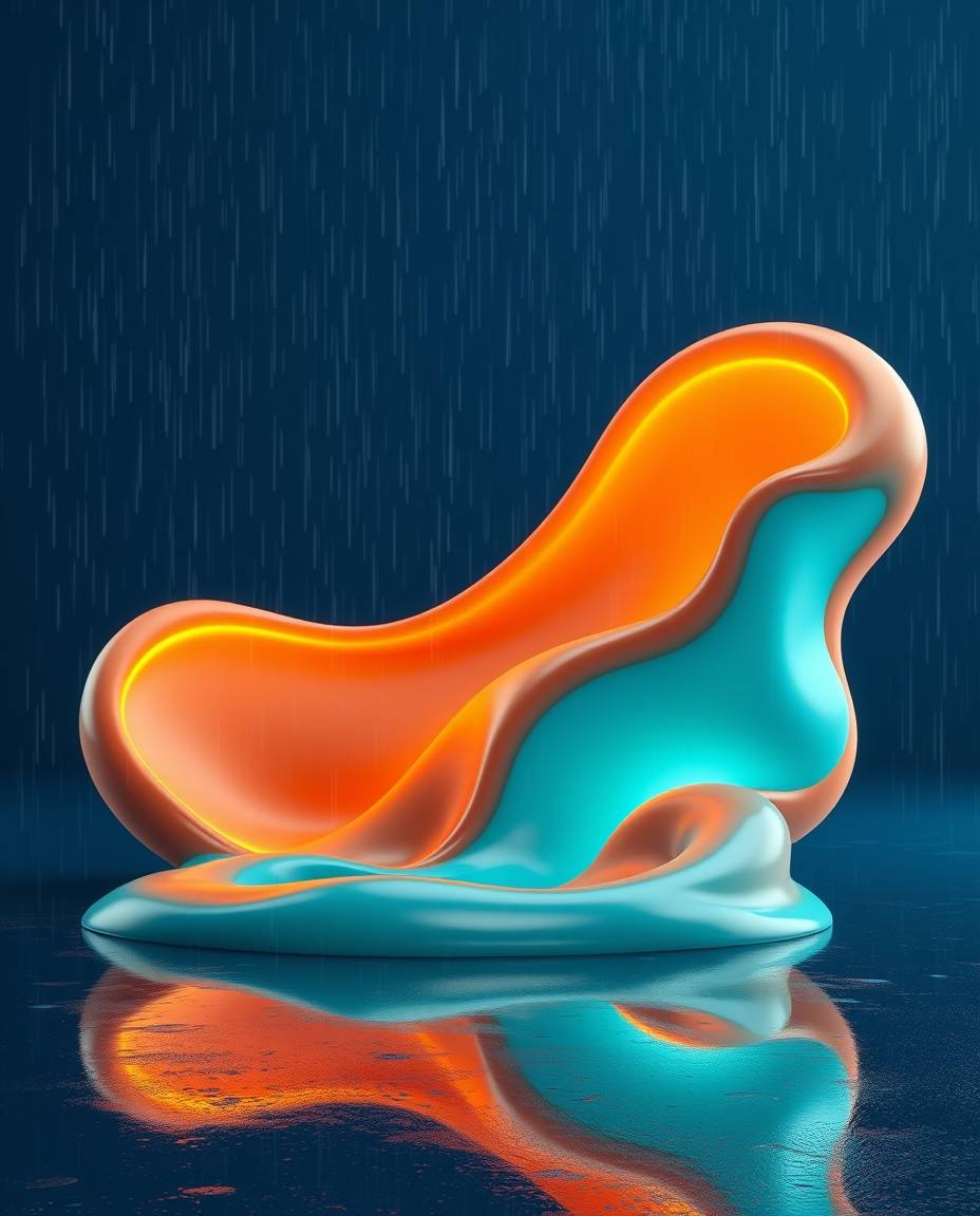 This futuristic 3D rendering features a captivating contrast of warm terracotta and cool teal fluid shapes with glowing edges