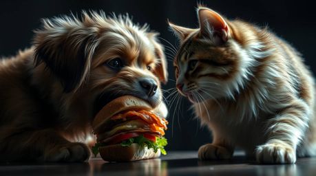 A dramatic close-up photograph captures a fierce battle between a dog and a cat over a massive sandwich. The intense, moody l