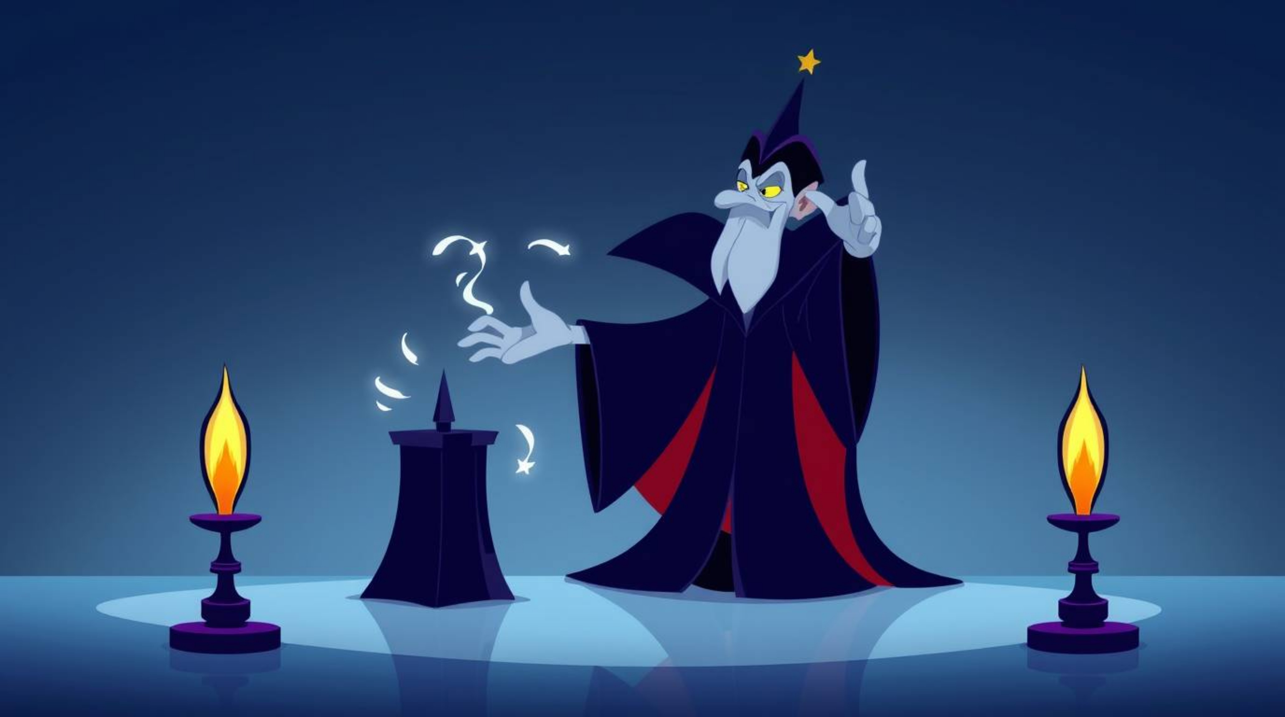 A classic Disney villain, rendered in a minimalist, flat design style, casts a spell within a two-dimensional castle. The ar