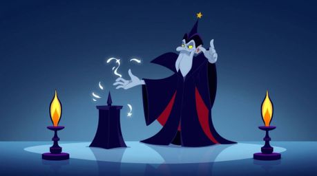 A classic Disney villain, rendered in a minimalist, flat design style, casts a spell within a two-dimensional castle. The ar