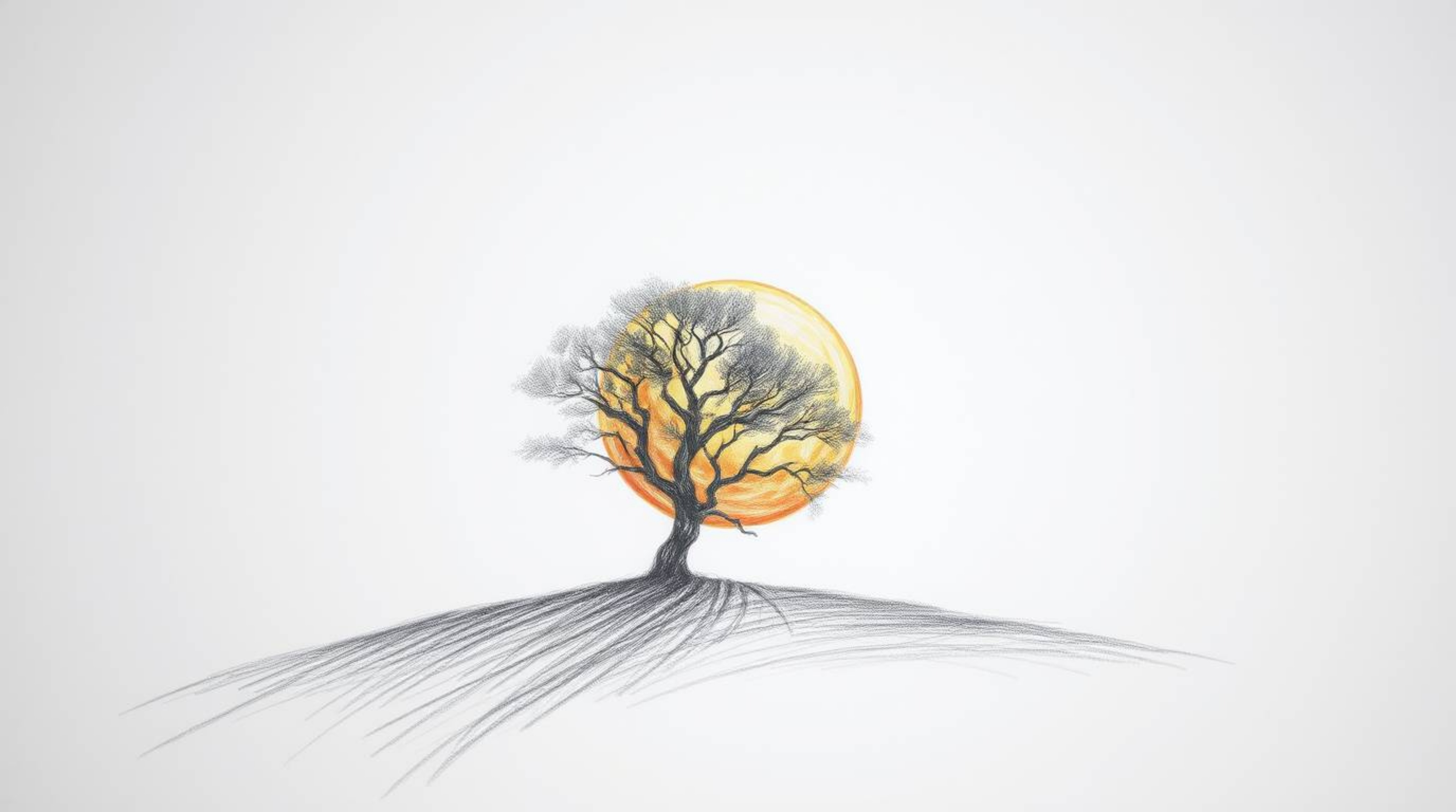 A captivating hand-drawn sketch depicts a lone tree silhouetted against a vibrant fiery sunset.  The rough pencil strokes and