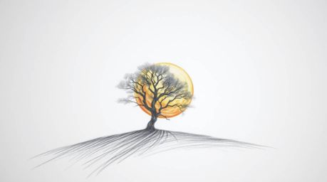 A captivating hand-drawn sketch depicts a lone tree silhouetted against a vibrant fiery sunset.  The rough pencil strokes and