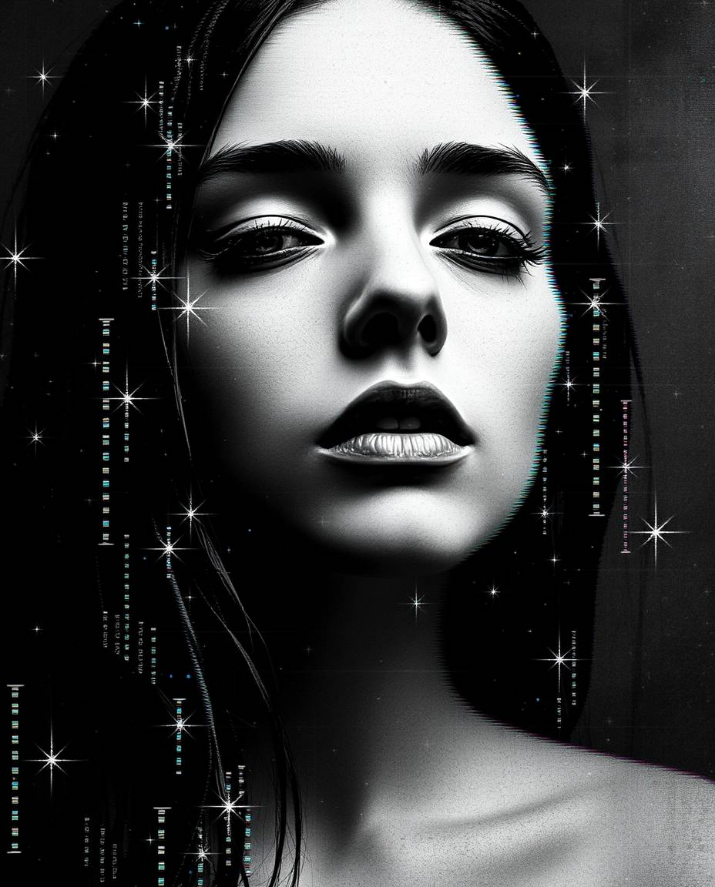 Explore a mesmerizing digital glitch art portrait, rendered in classic black and white. This piece embraces pixelated corrupt