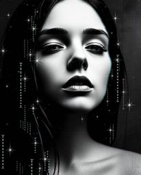 Explore a mesmerizing digital glitch art portrait, rendered in classic black and white. This piece embraces pixelated corrupt