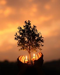 Capture the enchanting scene of hands planting a tree under a breathtaking golden sky, illuminated by the warm glow of flicke