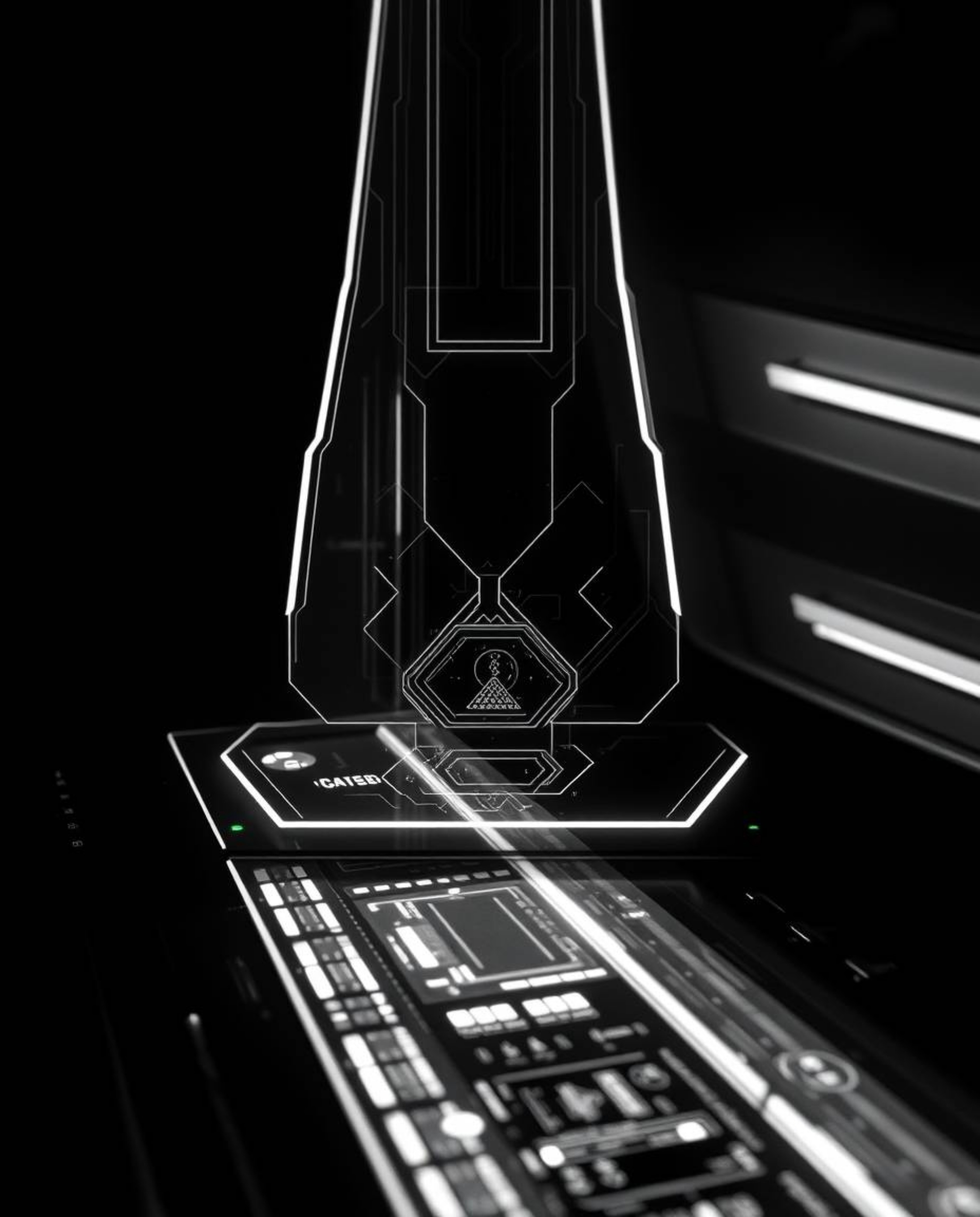 A captivating black and white image showcasing a futuristic digital interface is brought to life through the dramatic use of 