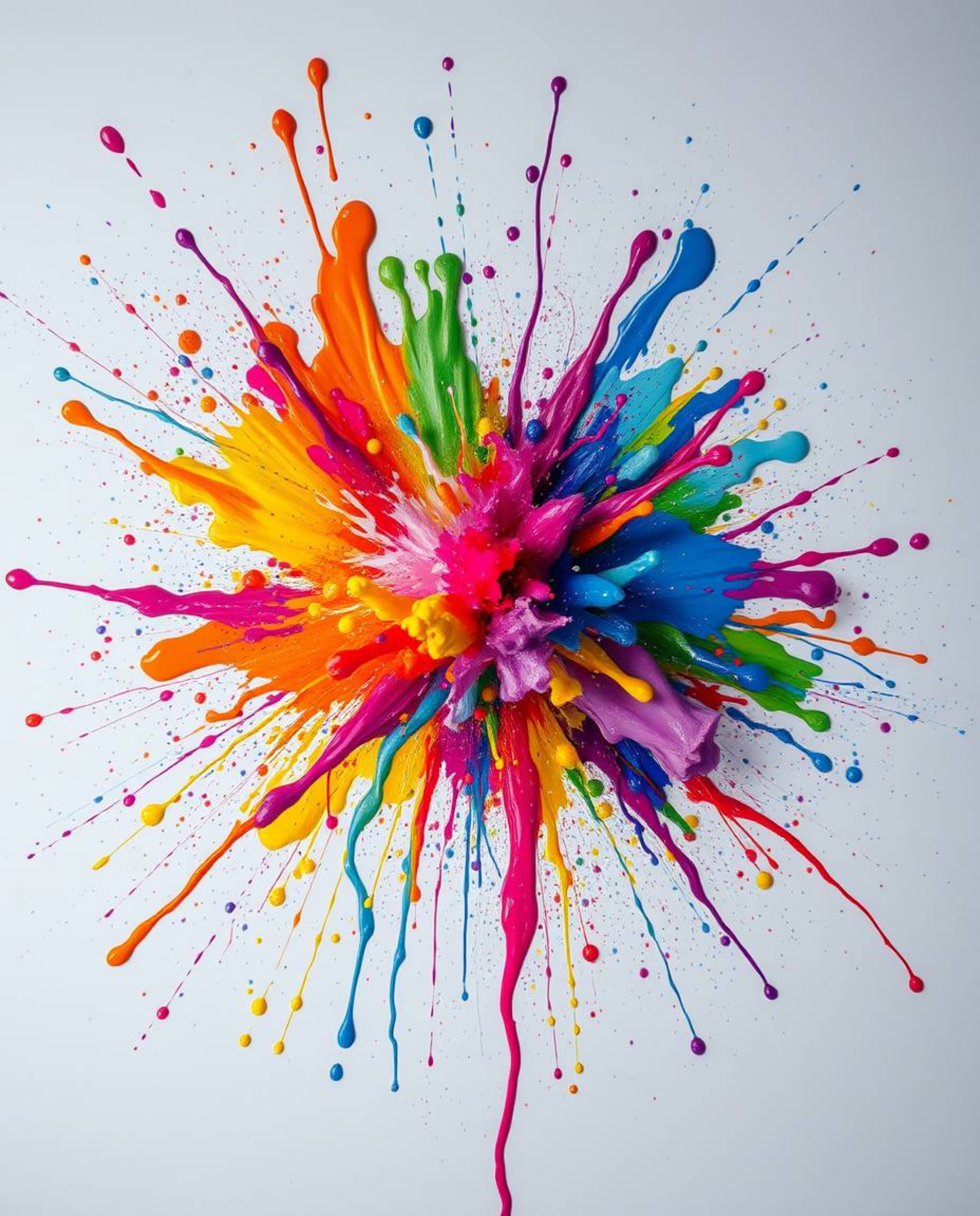 Experience a visual feast with a vibrant explosion of colorful paint splashes on a pristine white canvas. This high detail ab