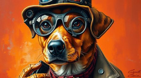 Discover a captivating image of a dog detective, masterfully rendered in the style of a classic oil painting.  Rich textures,