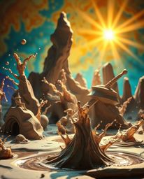A grand, epic scene showcases stunning sculptural clay art inspired by the dynamic shapes of ink splashing in water.  The ima