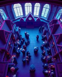 Experience a breathtaking birds-eye view of a magical school teeming with young wizards.  This captivating image showcases a 