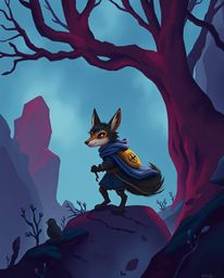 A captivating illustration brings to life a hero's journey accompanied by a talking animal sidekick, set within a mystic and