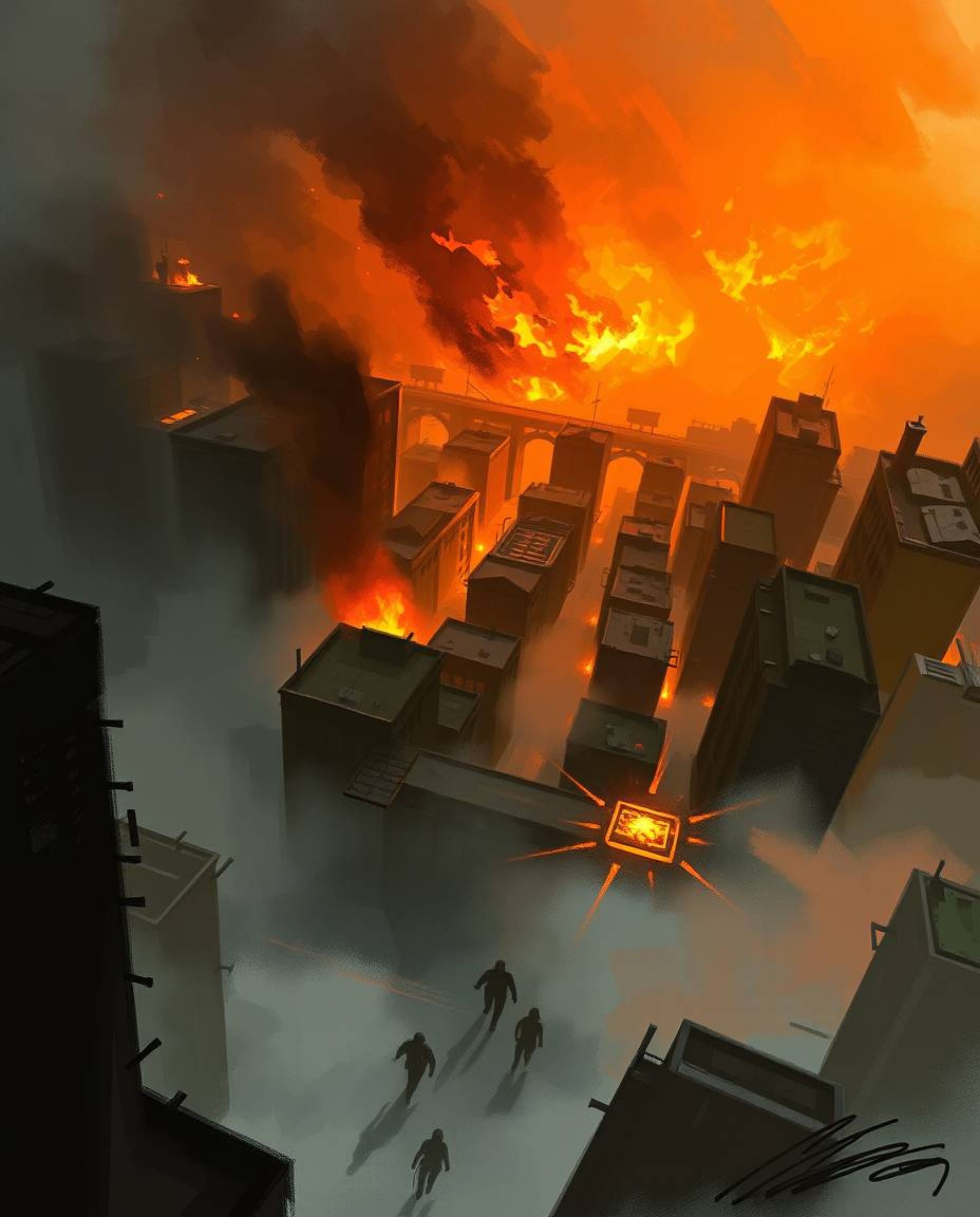 A dramatic digital sketch depicting a city engulfed in flames, viewed from a bird's eye perspective. The scene features loose