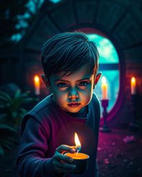 A determined child discovers a magical portal in their backyard, bathed in warm candlelight and futuristic lighting. The scen