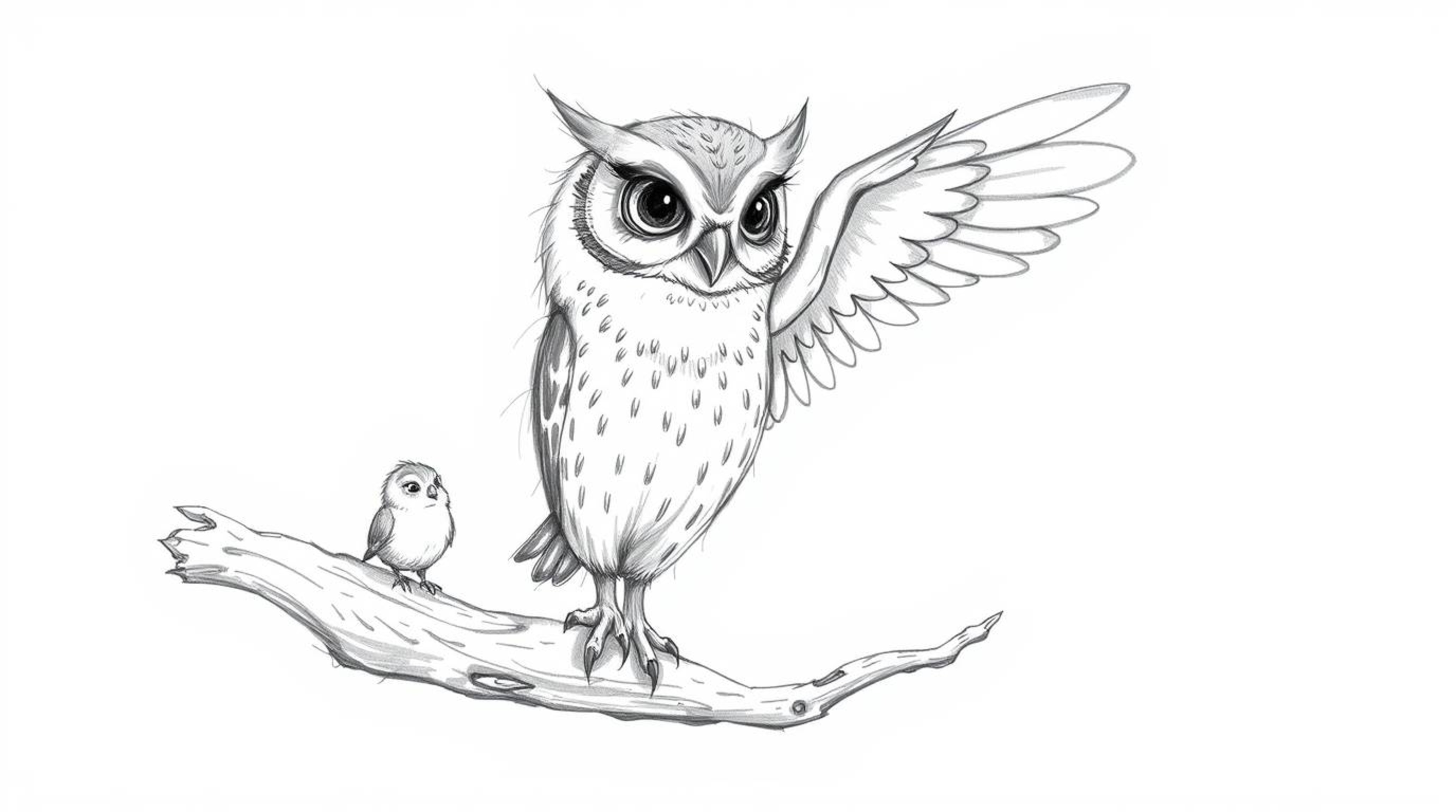 A heartwarming hand-drawn sketch in the style of Pixar features a wise, blind owl with incredibly soft, feathery textures, pa