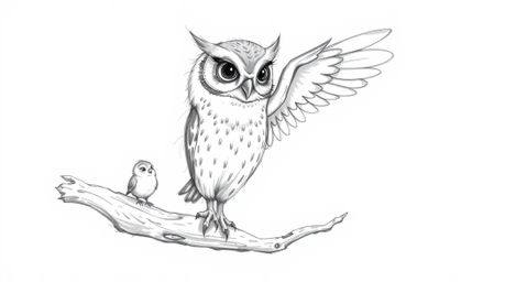 A heartwarming hand-drawn sketch in the style of Pixar features a wise, blind owl with incredibly soft, feathery textures, pa