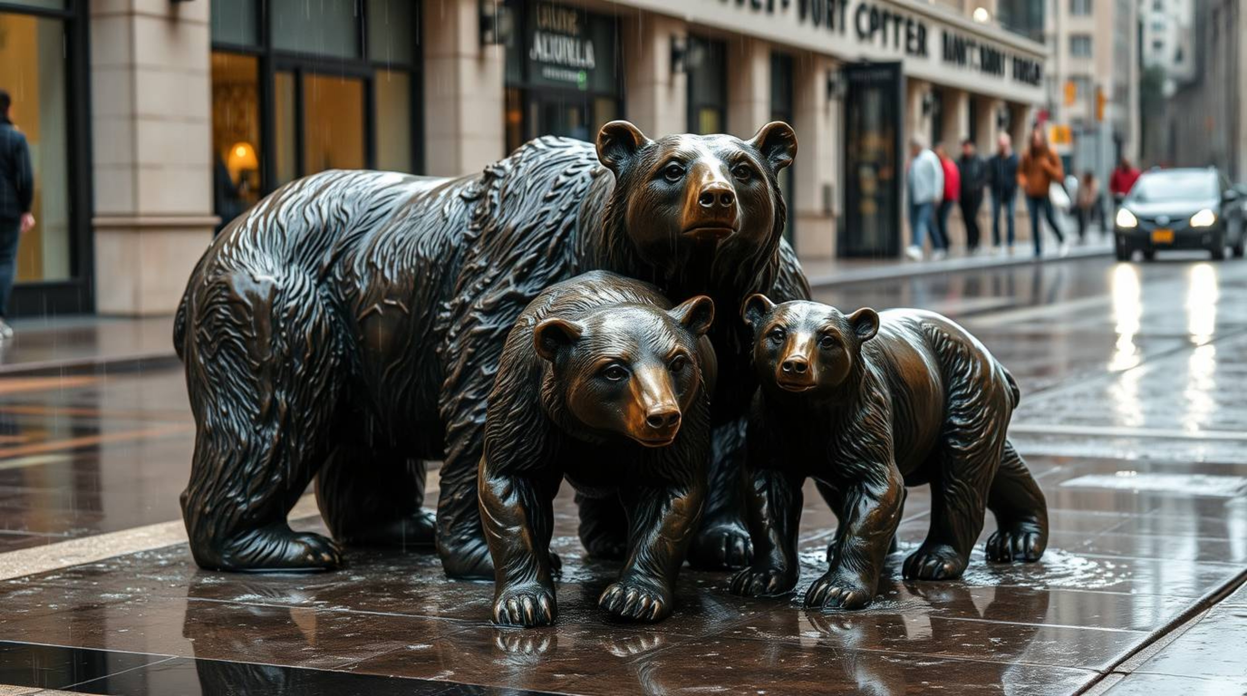 This bronze sculpture captures a heartwarming bear family adventure in a rainy urban setting. The wet surfaces and reflectiv