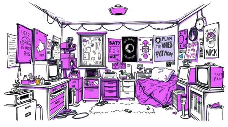 Explore a hand-drawn sketch of a vibrant, messy bedroom filled with peculiar gadgets and eye-catching posters in a color sket