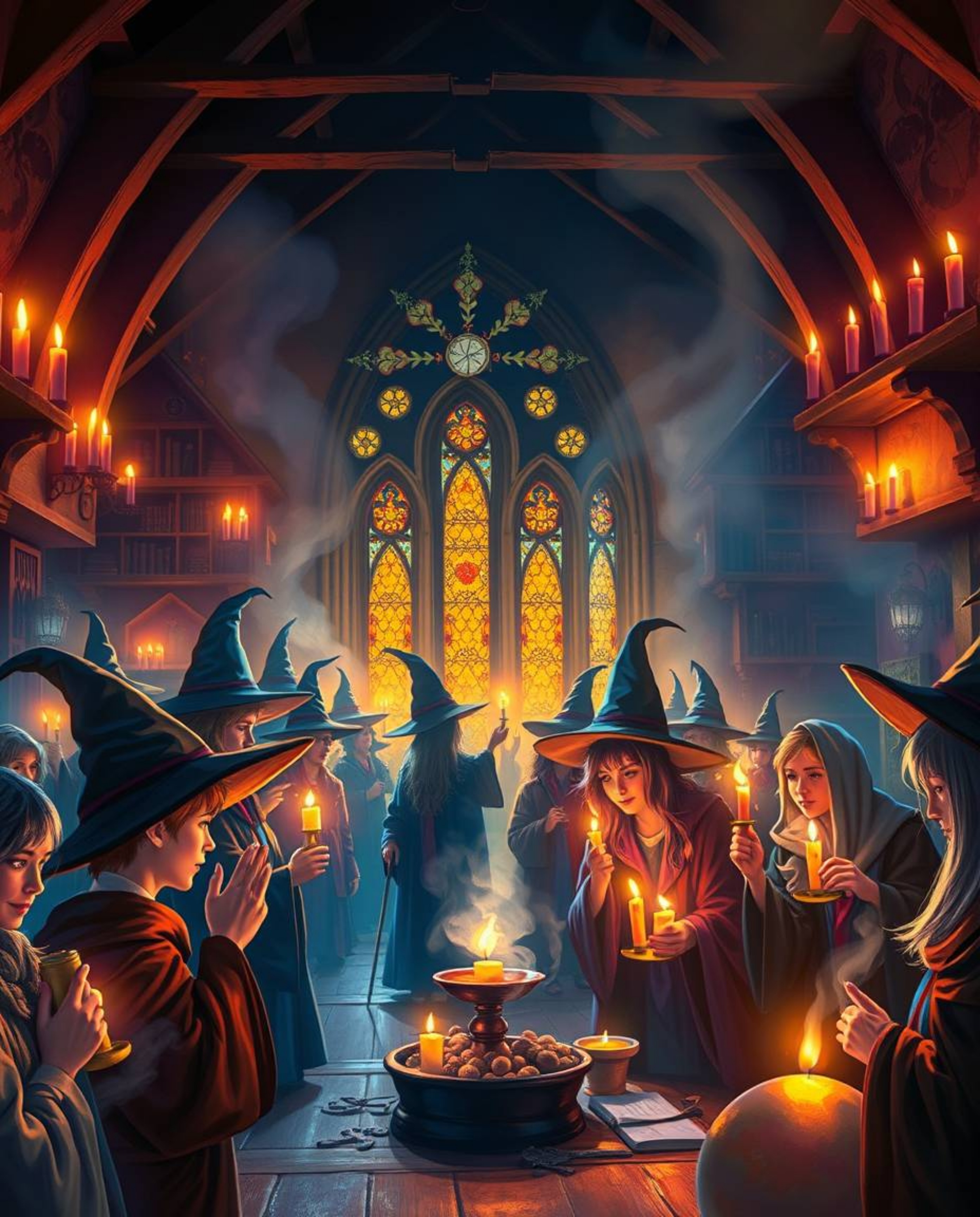 Step into a captivating world of magic and wonder at a vibrant magical school brimming with young wizards.  Warm candlelight 