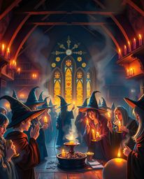 Step into a captivating world of magic and wonder at a vibrant magical school brimming with young wizards.  Warm candlelight 