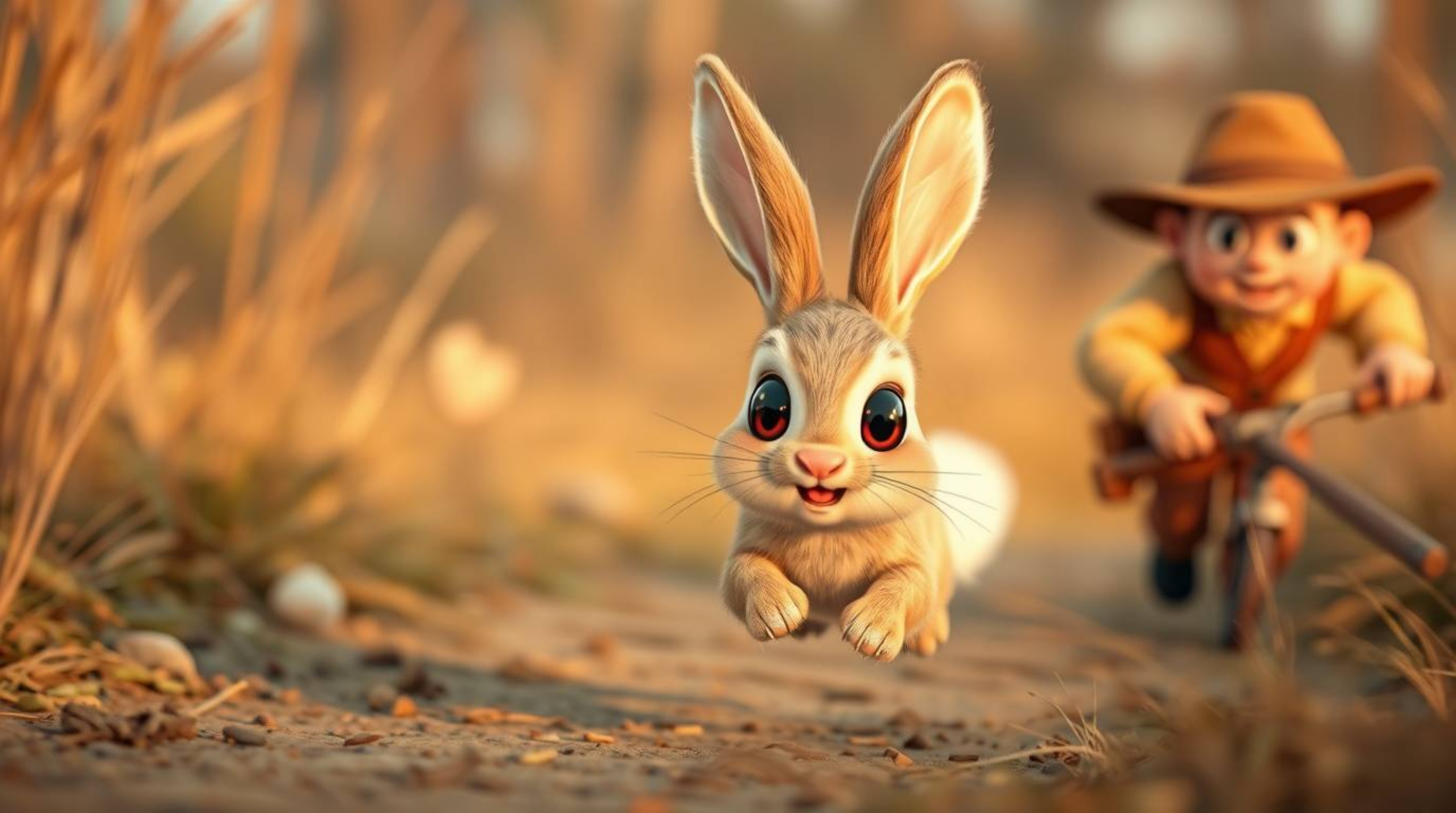 An adorable wacky rabbit with large endearing eyes and a fluffy white tail is the star of this charming scene. The rabbit out