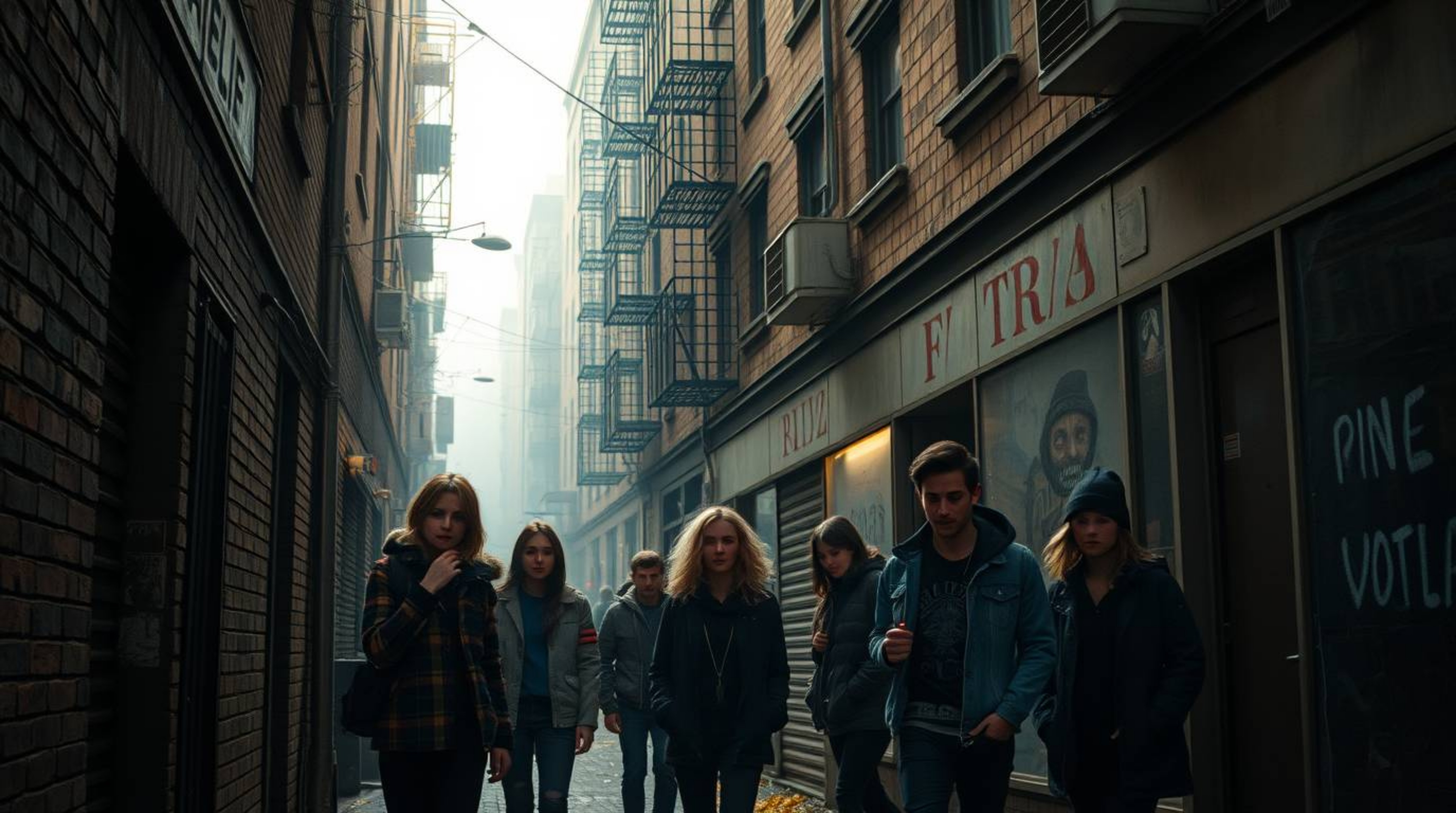 Explore a grungy city alley teeming with rebellious teens, captured in a soft and dreamy atmosphere. Warm autumn colors bathe