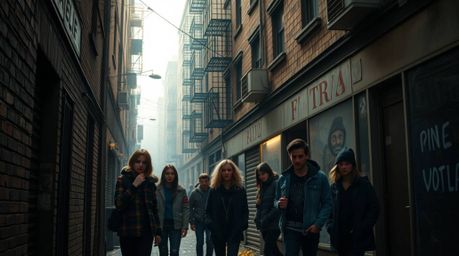 Explore a grungy city alley teeming with rebellious teens, captured in a soft and dreamy atmosphere. Warm autumn colors bathe