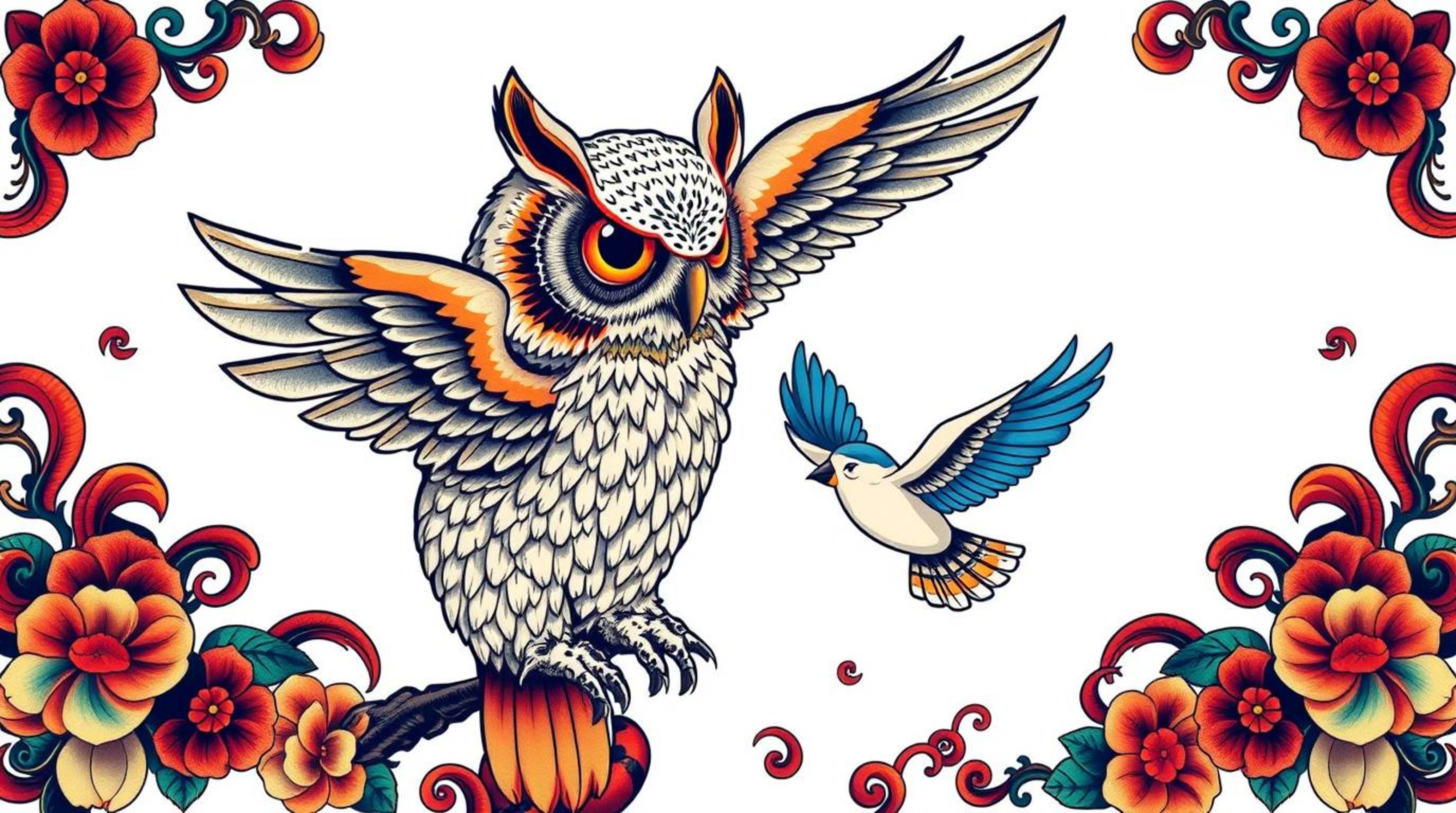 This stunning traditional Japanese tattoo print depicts a blind owl with exquisitely detailed plumage, acting as an unlikely 