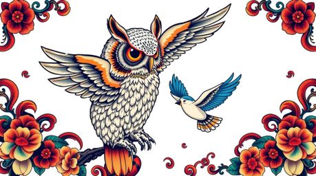 This stunning traditional Japanese tattoo print depicts a blind owl with exquisitely detailed plumage, acting as an unlikely 