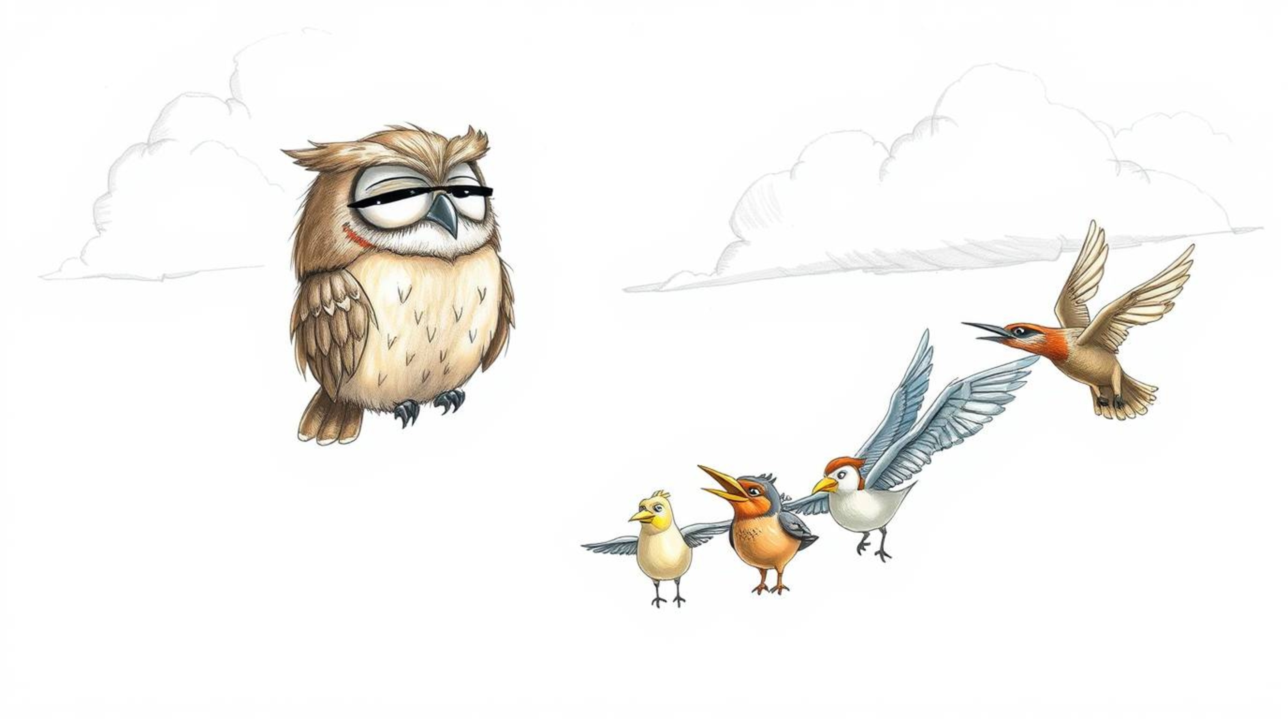 A charming hand-drawn sketch in the heartwarming Pixar style captures a blind owl with downy brown feathers and a serene expr
