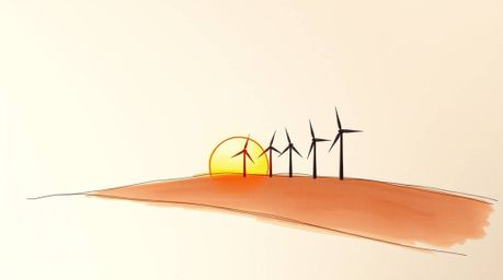 A captivating hand-drawn color sketchnote showcasing a breathtaking sunset behind a row of wind turbines perched atop a rolli
