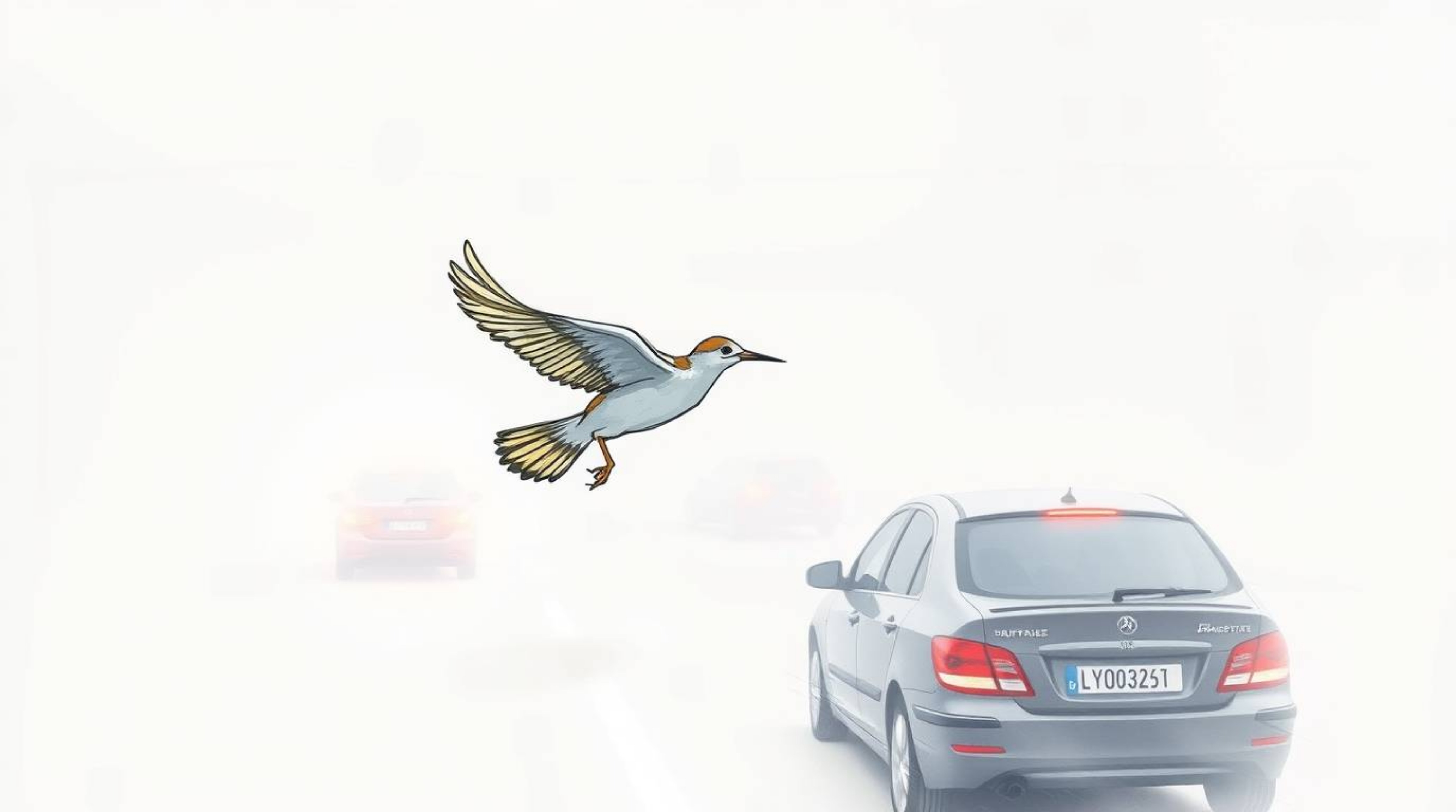 This hand-drawn color sketchnote captures a vibrant scene of a fast-running bird zooming through thick fog, weaving past traf