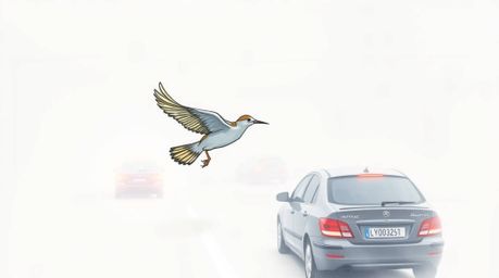 This hand-drawn color sketchnote captures a vibrant scene of a fast-running bird zooming through thick fog, weaving past traf