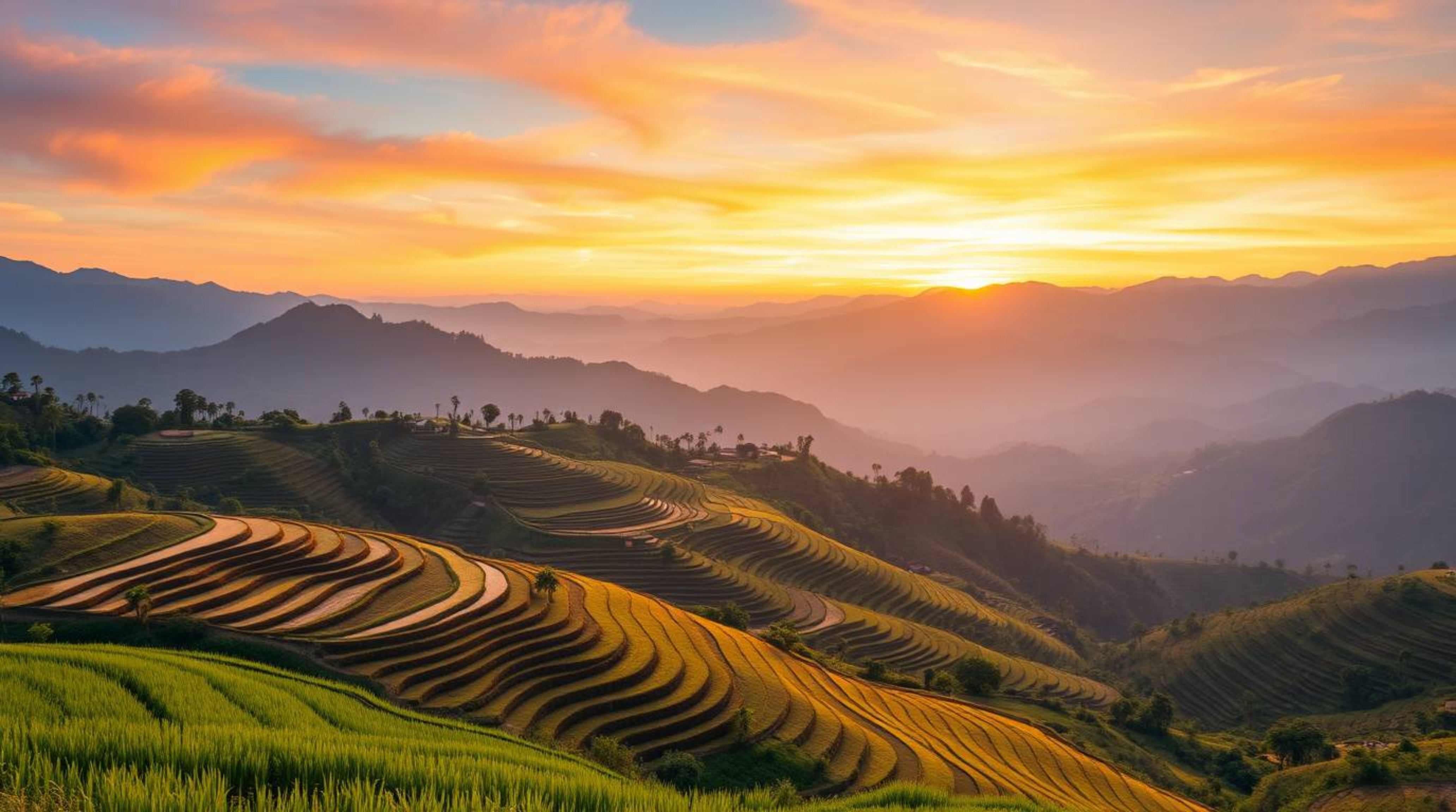 A captivating close-up shot captures the vibrant hues of a sunset painting the sky above lush green rice terraces nestled in