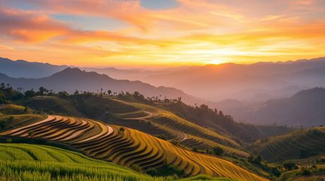 A captivating close-up shot captures the vibrant hues of a sunset painting the sky above lush green rice terraces nestled in 