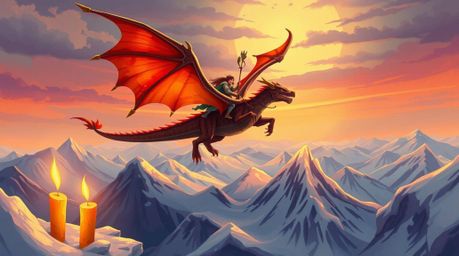A captivating fantasy illustration depicts a dragon and its rider soaring above a majestic range of icy mountains.  Illuminat