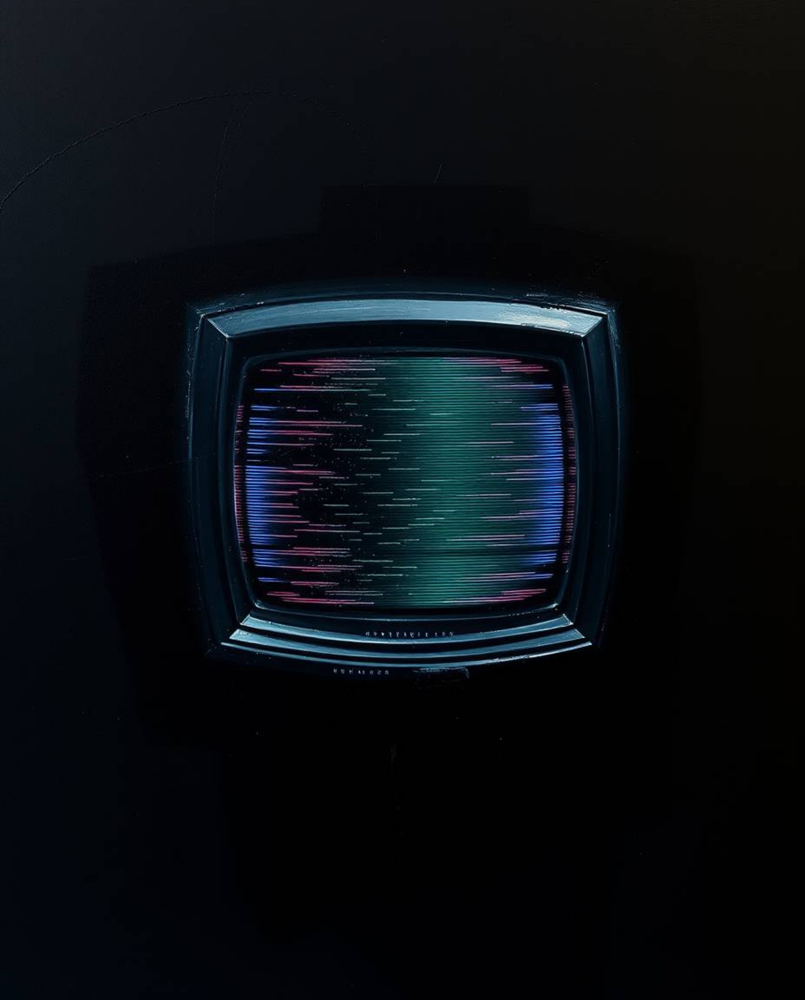 This artwork captures a classic oil painting in an intensely jet-black bird's-eye view, showcasing TV screen glitch static, a