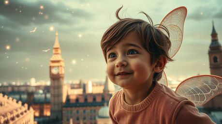 A captivating surreal image showcases a young boy, radiating an adorable and charming expression, seemingly flying above the 