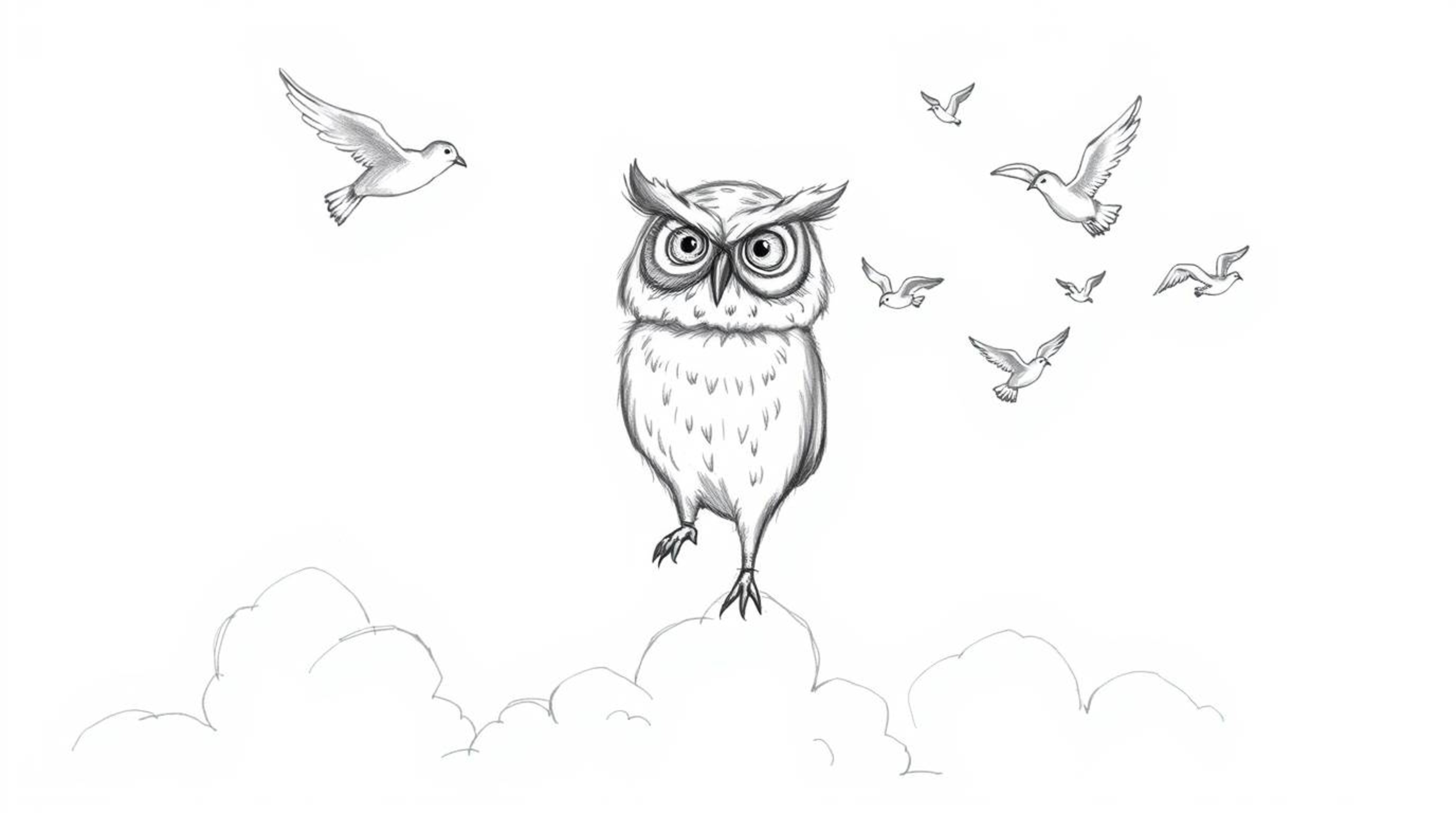 A heartwarming hand-drawn sketch in the style of Pixar depicts a blind owl, its feathery textures rendered with expressive pe