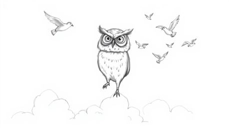 A heartwarming hand-drawn sketch in the style of Pixar depicts a blind owl, its feathery textures rendered with expressive pe
