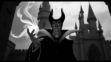 A classic black and white photograph capturing a Disney villain casting a spell within the grandeur of an old castle. The ima