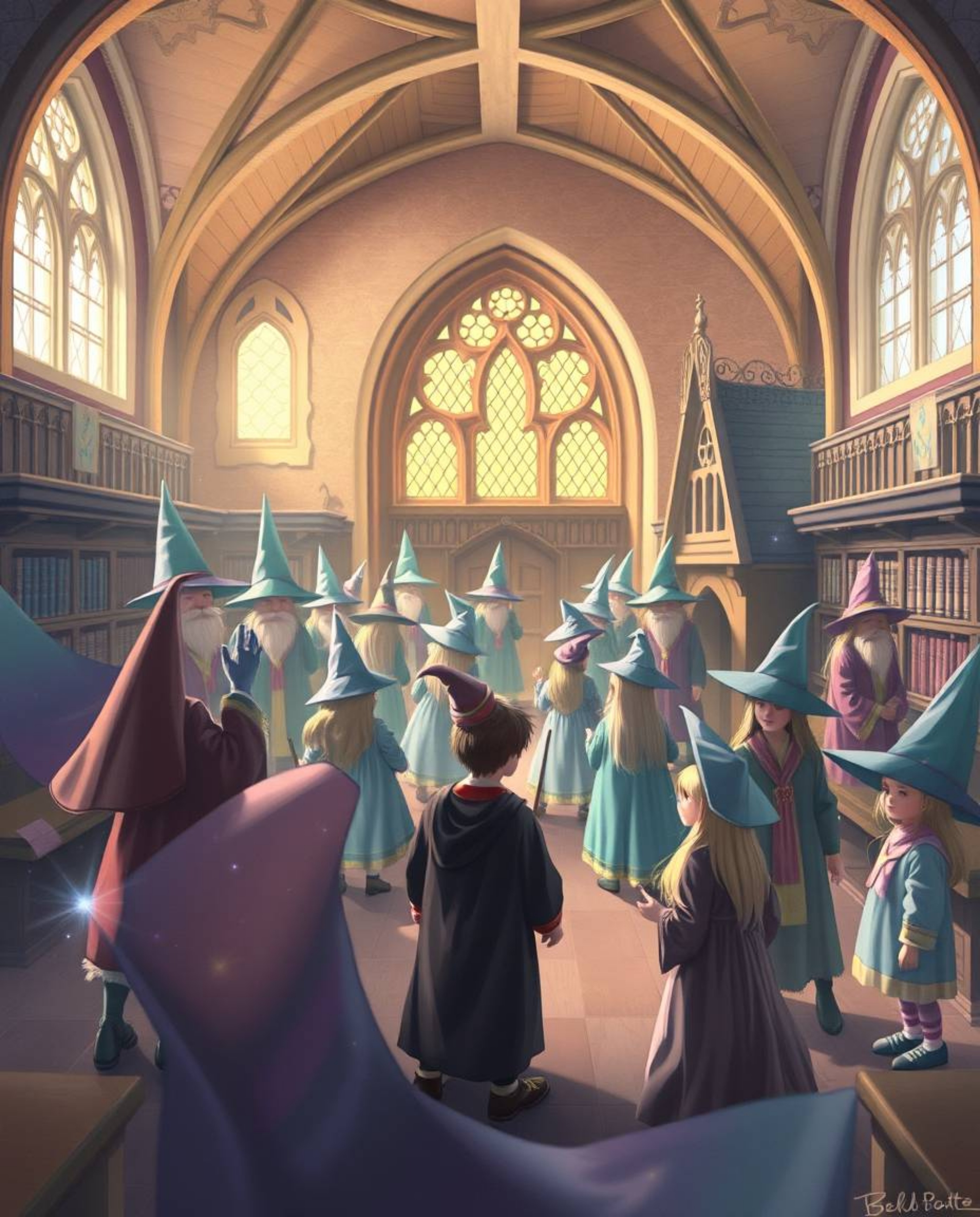 Discover a charming magical school filled with young wizards, depicted in soft pastel hues. This image evokes a gentle and so
