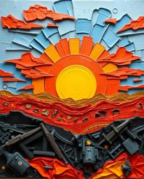 Explore a stunning sculpted papier-mâché artwork depicting a sunrise over a war-torn landscape. This piece captures the scene