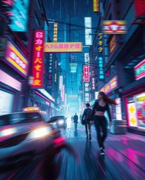 Experience a vibrant and dynamic Isekai anime-style image featuring a pixelated glitch effect.  This cyberpunk street scene i