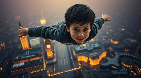 A young boy with fair skin and dark hair soars above a surreal London, illuminated by the ethereal glow of pixie dust. The sc
